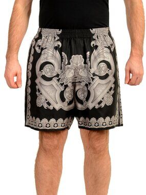 Versace Men's Heritage Print Black & Gray 100% Silk Shorts US 32 IT 48